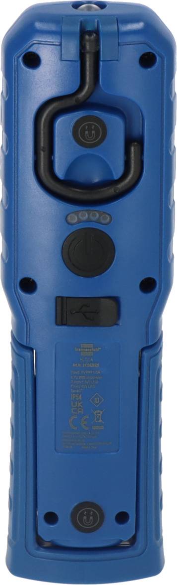 Tragbare, blaue LED-Arbeitsleuchte mit Haken und USB-Anschluss auf der Rückseite.