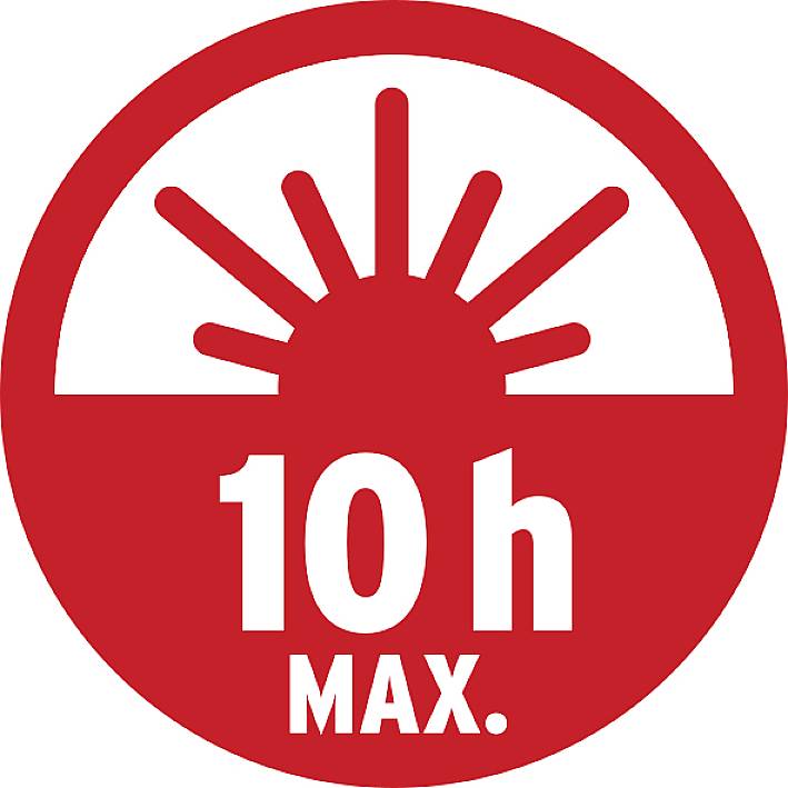 Rotes Symbol mit Sonne und Text '10 h MAX.', das eine maximale Nutzungsdauer von zehn Stunden anzeigt.
