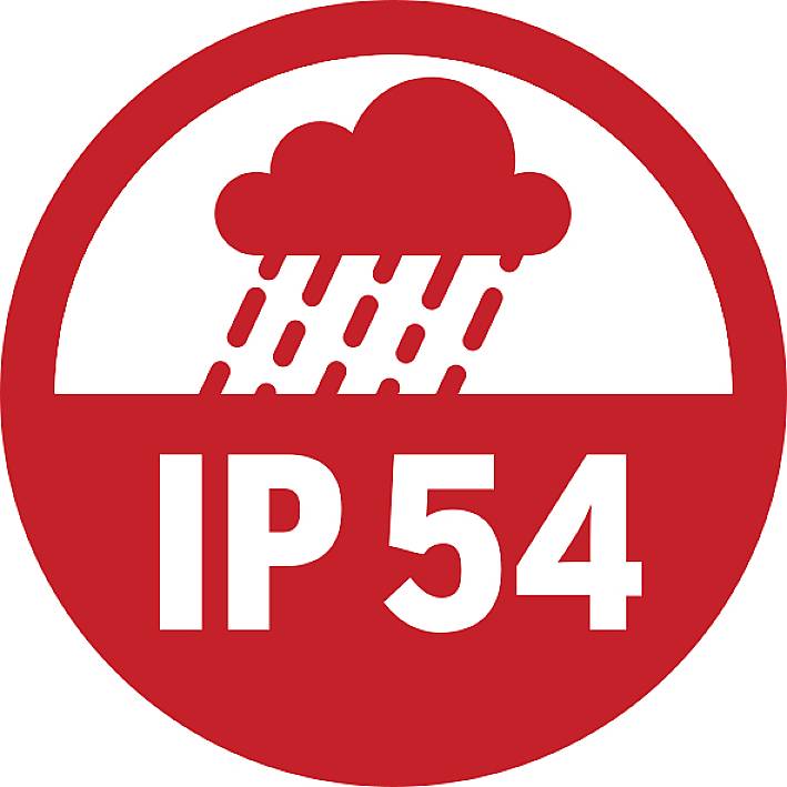 'IP 54'-Symbol in rotem Kreis zeigt Wolke mit Regen. Bedeutet staub- und spritzwassergeschützt gemäß IP-Schutzart normen.