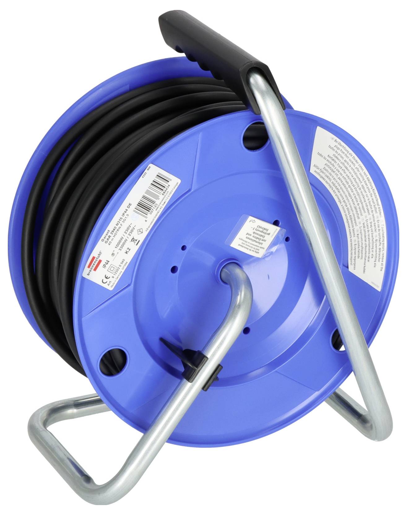 Blaue Kabeltrommel mit aufgewickeltem schwarzem Kabel und Metallgriff auf einem Ständer