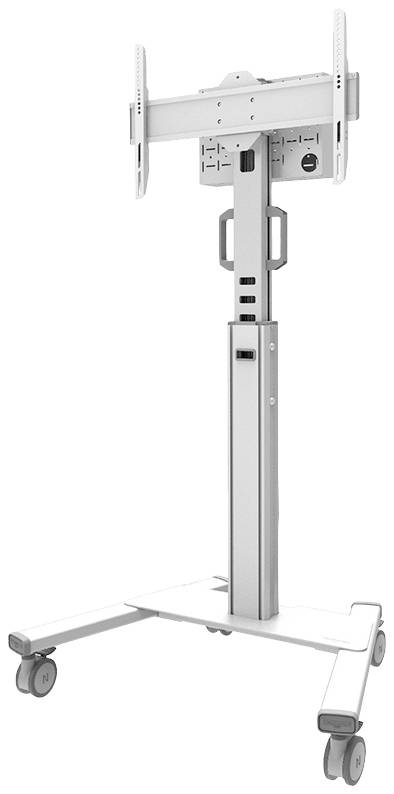 Ein weißer Fernseherständer auf Rollen mit justierbarem Halter. Geeignet für Präsentationen oder Büroumgebungen.
