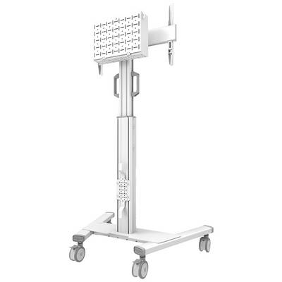 Ein rollbarer, höhenverstellbarer medizinischer Gerätehalter mit einem stabilen Metallrahmen und vier Rädern für flexible Beweglichkeit.