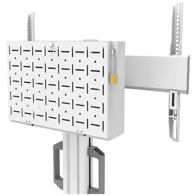 Halterungssystem für Displays, mit flexiblem Montagearm und perforierter Platte zur Werkzeugaufbewahrung.
