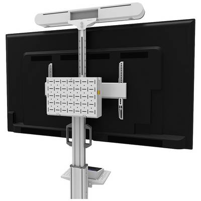 Ein Bildschirmhalterungssystem, das einen großen Monitor von hinten zeigt, montiert an einem höhenverstellbaren Standfuß.