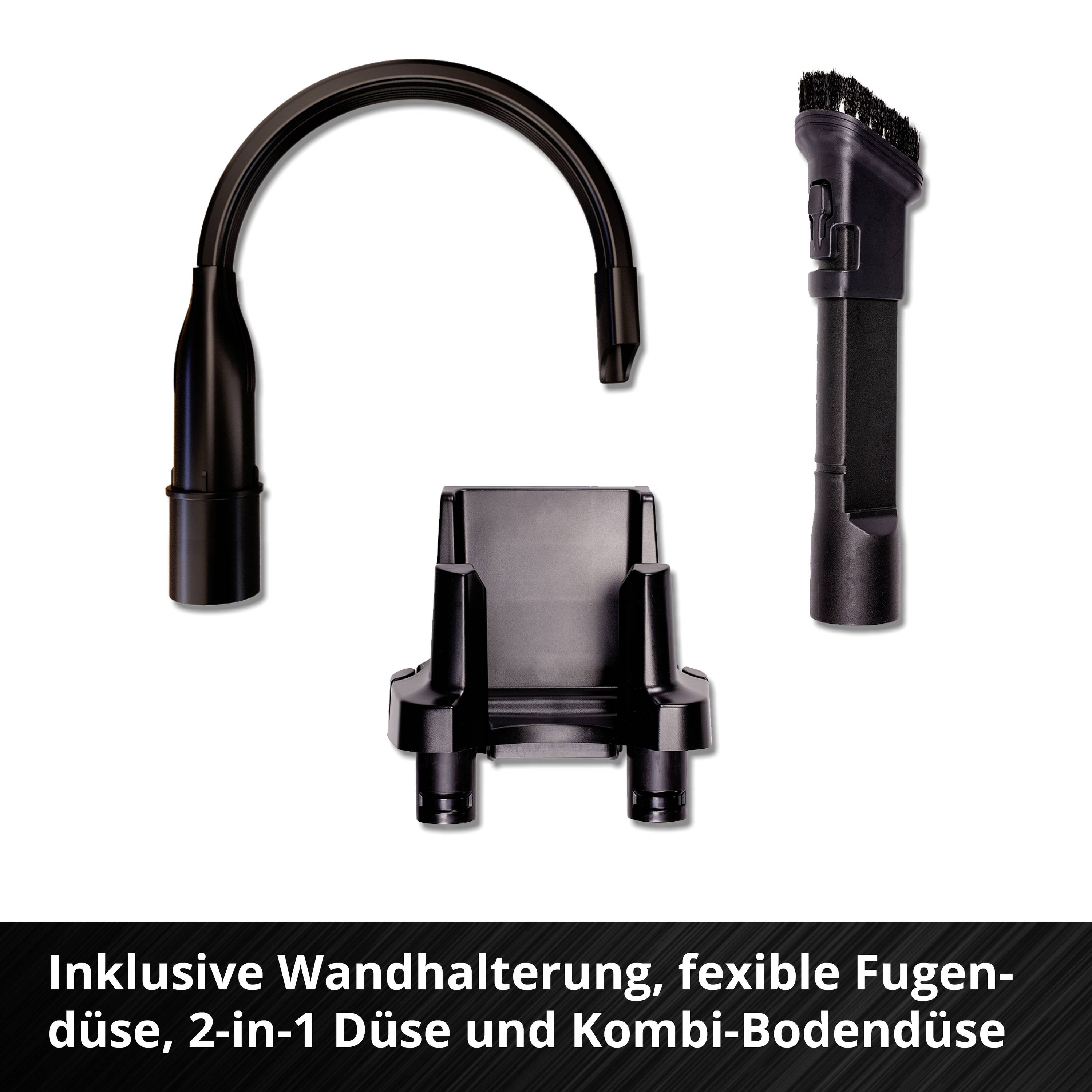 'Dargestellt sind eine Wandhalterung, eine flexible Fugendüse, eine 2-in-1-Düse und eine Kombi-Bodendüse.'