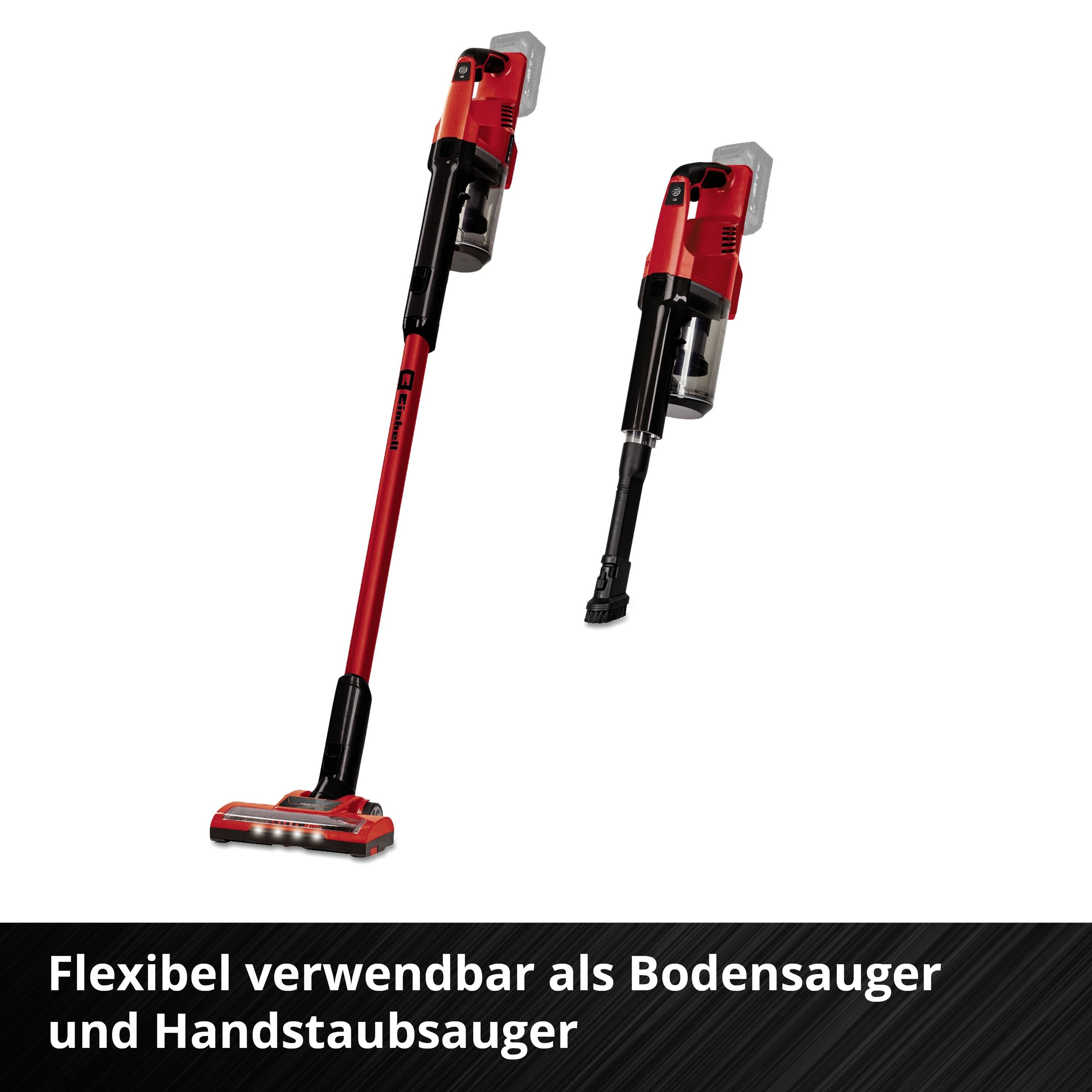 Ein roter kabelloser Staubsauger mit abnehmbarem Handgerät. Der Text lautet: 'Flexibel verwendbar als Bodensauger und Handstaubsauger'.