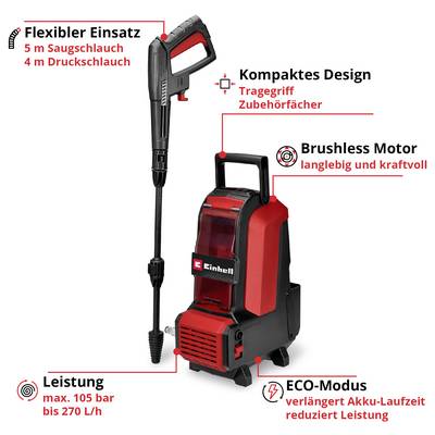 Werbeabbildung eines Akku-Reinigungsgeräts mit Schlauch; nennt flexiblen Einsatz, kompaktes Design, Brushless Motor, Leistung bis 105 bar/270 L/h und Eco-Modus.