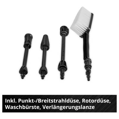 Vier Hochdruckreiniger-Aufsätze, darunter Punkt-/Breitstrahldüse, Rotordüse, Waschbürste und Verlängerungslanze.