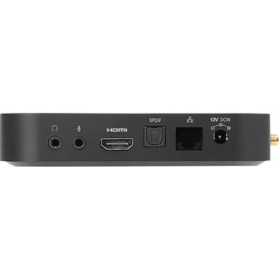 Rückseite eines Medienplayers mit Anschlüssen: Kopfhörer, HDMI, SPDIF, Ethernet, 12V Gleichstrom.