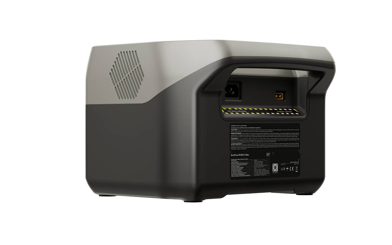 Ein tragbares, graues Gerät mit Lüftungsgitter an der Seite. Rückansicht zeigt Netzsteckeranschluss und weitere Anschlüsse.