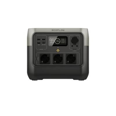 Tragbare Powerstation mit mehreren Steckdosen, USB-Anschlüssen und Display zur Anzeige der verbleibenden Ladezeit und des Batteriestatus.