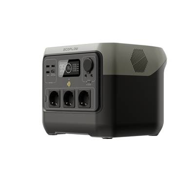 Portable Power Station mit drei Steckdosen, mehreren USB-Anschlüssen und einem Display zur Energieanzeige. Gehäuse in zwei Farben.