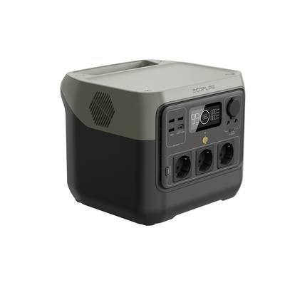 Tragbare Powerstation von EcoFlow mit mehreren Anschlüssen und digitalem Display, zur mobilen Stromversorgung konzipiert.