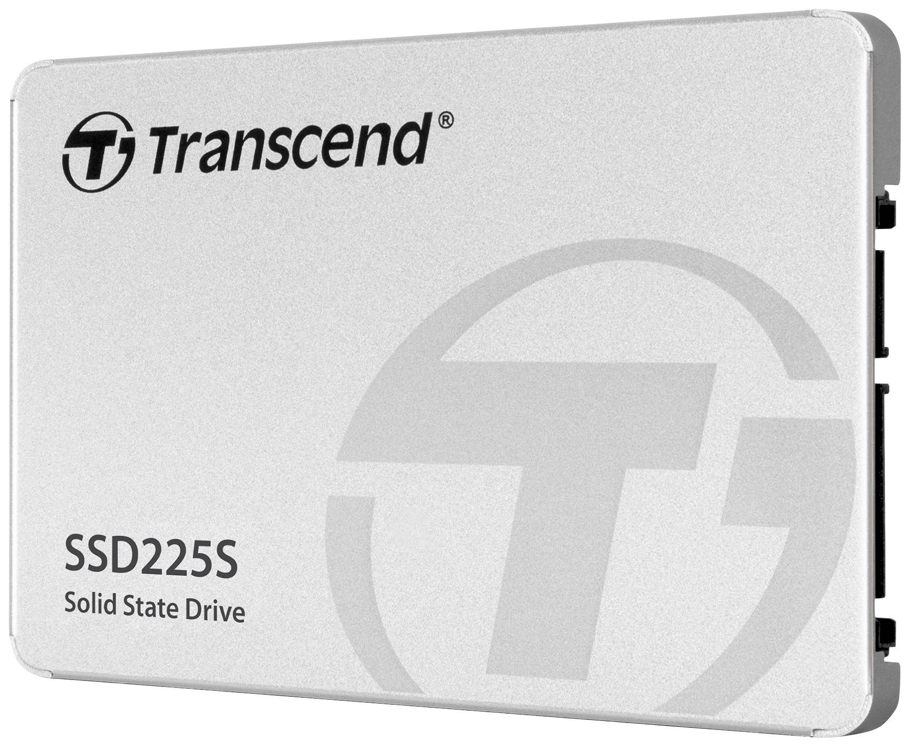 Eine Transcend SSD225S Solid State Drive, silberfarben, markiert mit Logo und Modellbezeichnung, zum Speichern digitaler Daten.