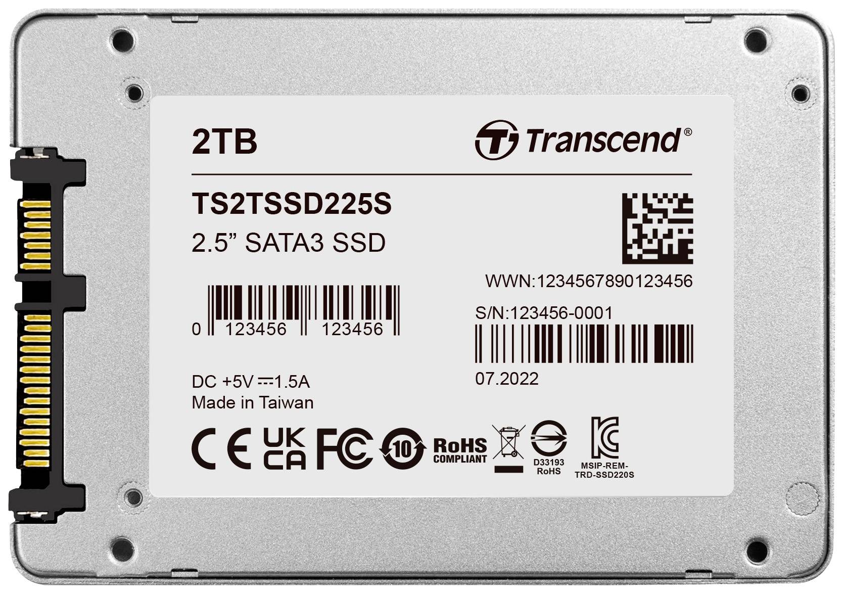 Eine 2TB Transcend 2,5 Zoll SATA3 SSD-Festplatte, Modell TS2TSSD225S, mit Seriennummern und Herstellungshinweisen auf dem Etikett.