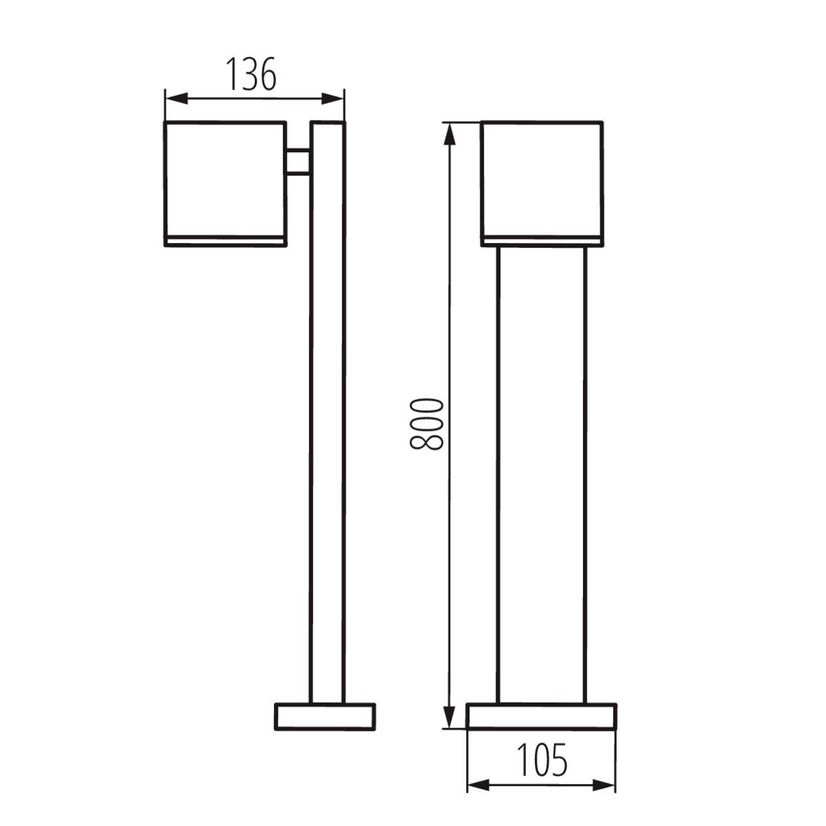 Das Bild zeigt technische Zeichnungen einer Stehlampe von vorne und der Seite. Höhe: 800mm, Breite: 136mm, Sockelbreite: 105mm.