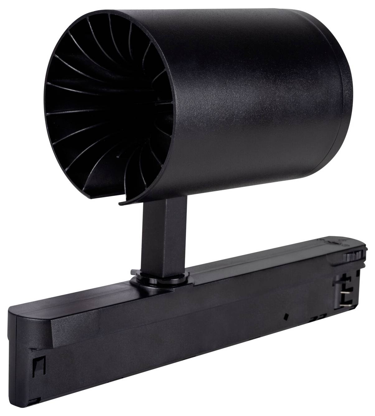Ein schwarzer batteriebetriebener Ventilator mit zylindrischem Gehäuse und Standfuß, geeignet für tragbaren Gebrauch oder Tischaufstellung.