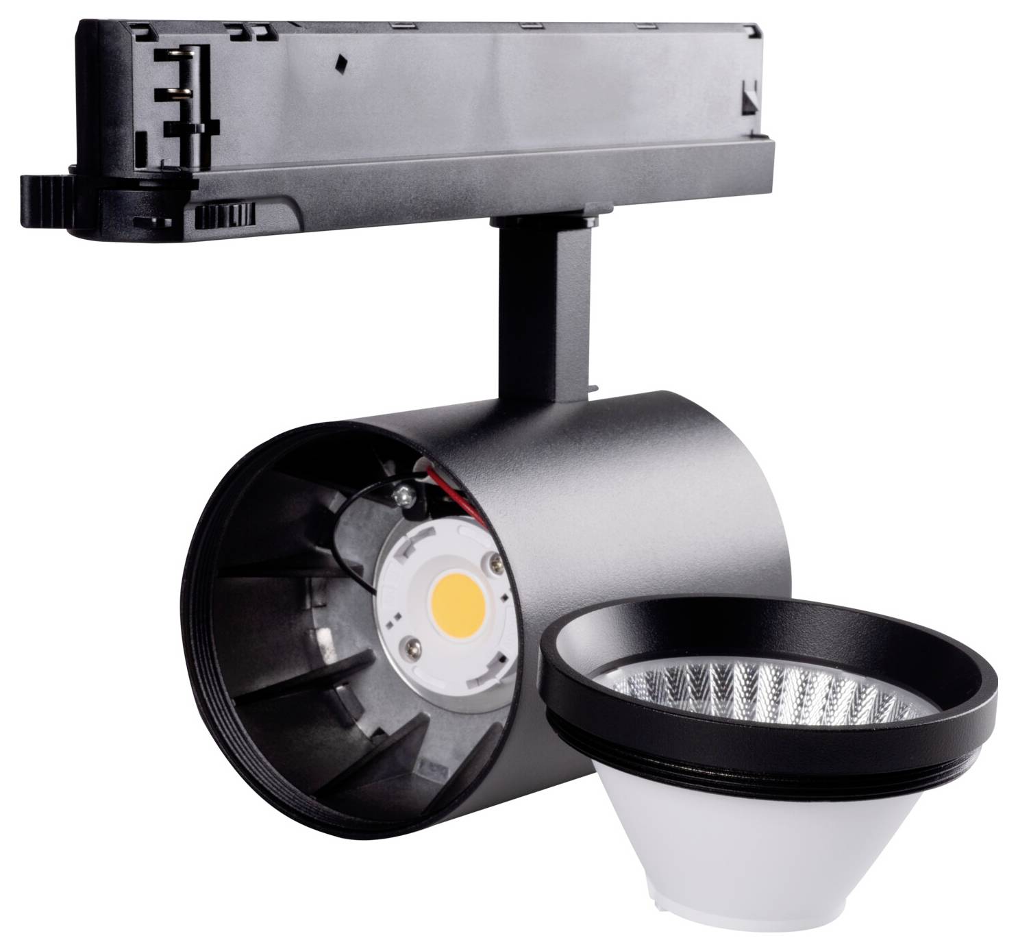 'Schwarzer LED-Strahler mit abnehmbarer Reflektorlinse, geeignet für Schienensysteme, zeigt die interne COB-LED-Komponente.'