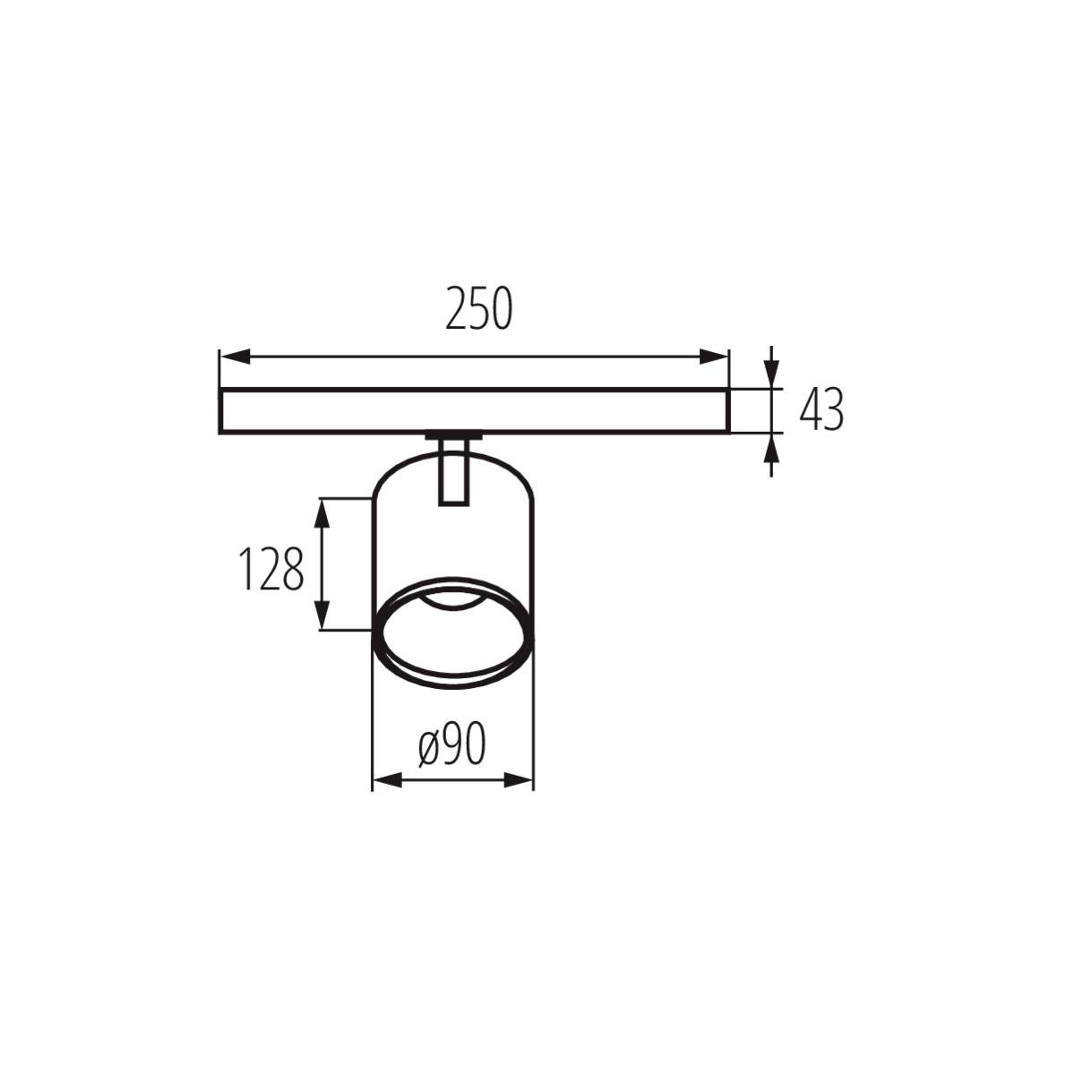 Diagramm einer Deckenleuchte mit Maßen: Breite 250 mm, Höhe 43 mm, Gesamthöhe 128 mm, Durchmesser 90 mm.