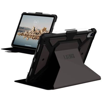 Schwarzes iPad in robuster Schutzhülle mit Ständer. Bildschirm zeigt eine Naturansicht.