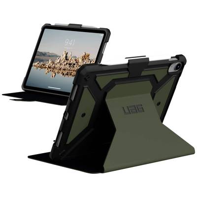 Zwei Tablet-Hüllen in schwarz und olivgrün zeigen Tablets in aufrechter Position. Eine Hülle steht geöffnet, die andere geschlossen.