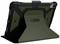 Schutzhülle von UAG für ein Tablet, aufgestellt im Querformat. Robustes Design in Dunkelgrün und Schwarz mit integriertem Stifthalter.