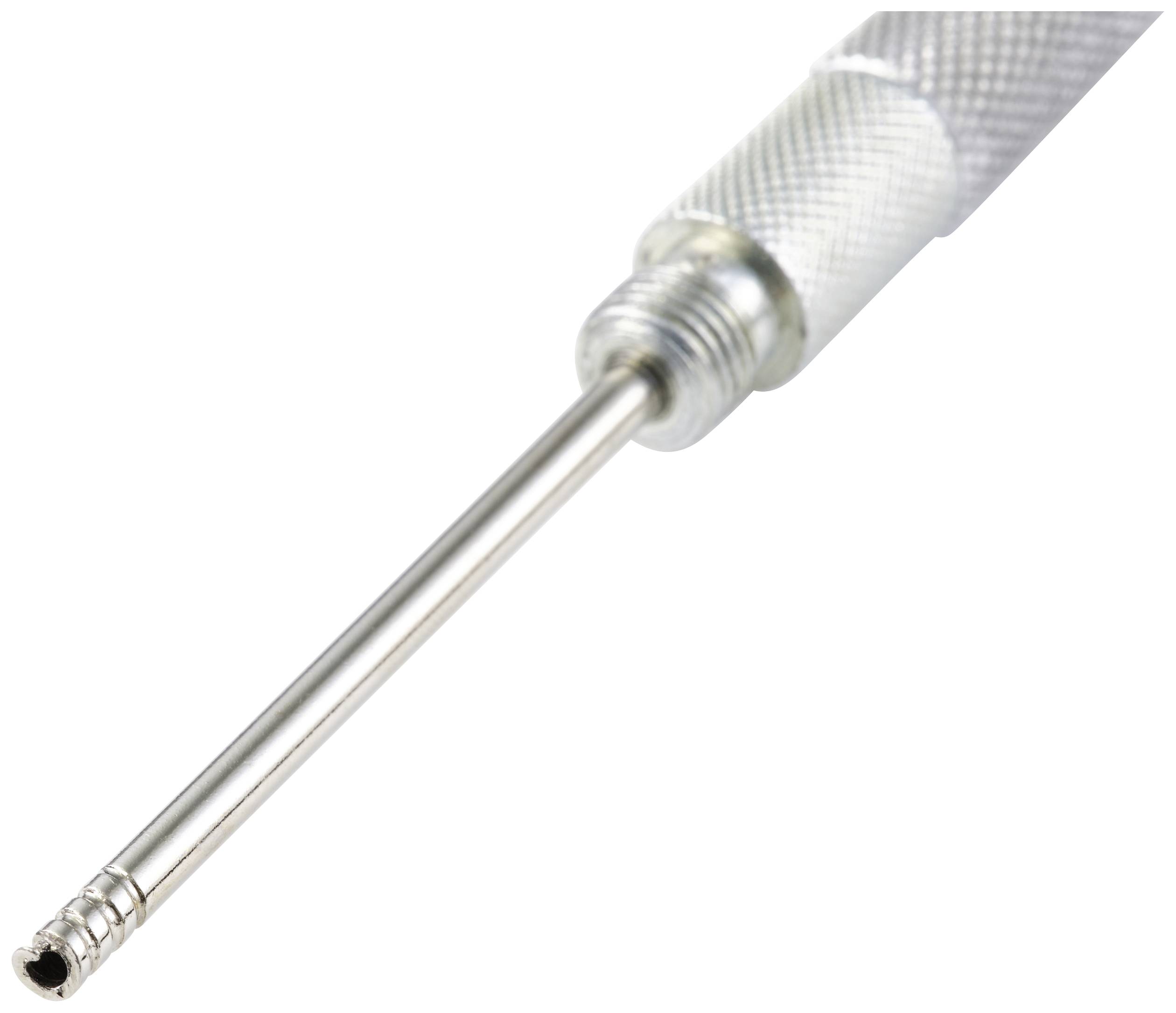 Metallisches, teleskopisches Antennenelement mit geriffeltem Griff, ausgefahrene Stange, die für Empfangsgeräte verwendet werden kann.