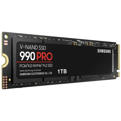 Eine schwarze M.2-SSD mit der Aufschrift 'V-NAND SSD 990 PRO, PCIe 4.0 NVMe M.2 SSD, 1TB' von Samsung.