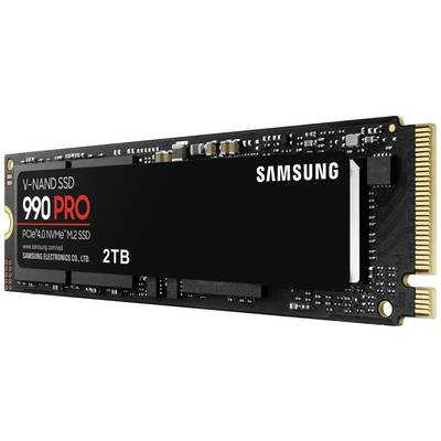 Eine Samsung 990 Pro SSD mit 2 TB Kapazität. Auf dem Etikett steht 'V-NAND SSD 990 PRO PCIe 4.0 NVMe M.2 SSD.'