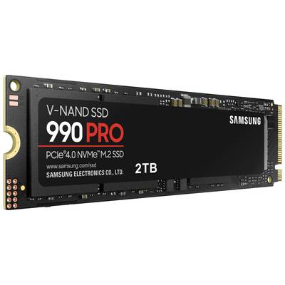 Schwarze SSD von Samsung mit der Aufschrift 'V-NAND SSD 990 PRO', 'PCIe 4.0 NVMe M.2 SSD' und '2TB'. Speichermodulansicht.