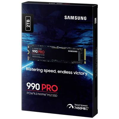 Eine Samsung 990 PRO SSD-Verpackung mit 2 TB Speicherkapazität. Text beschreibt hohe Geschwindigkeit und Leistung, Lesegeschwindigkeit 7450 MB/s.