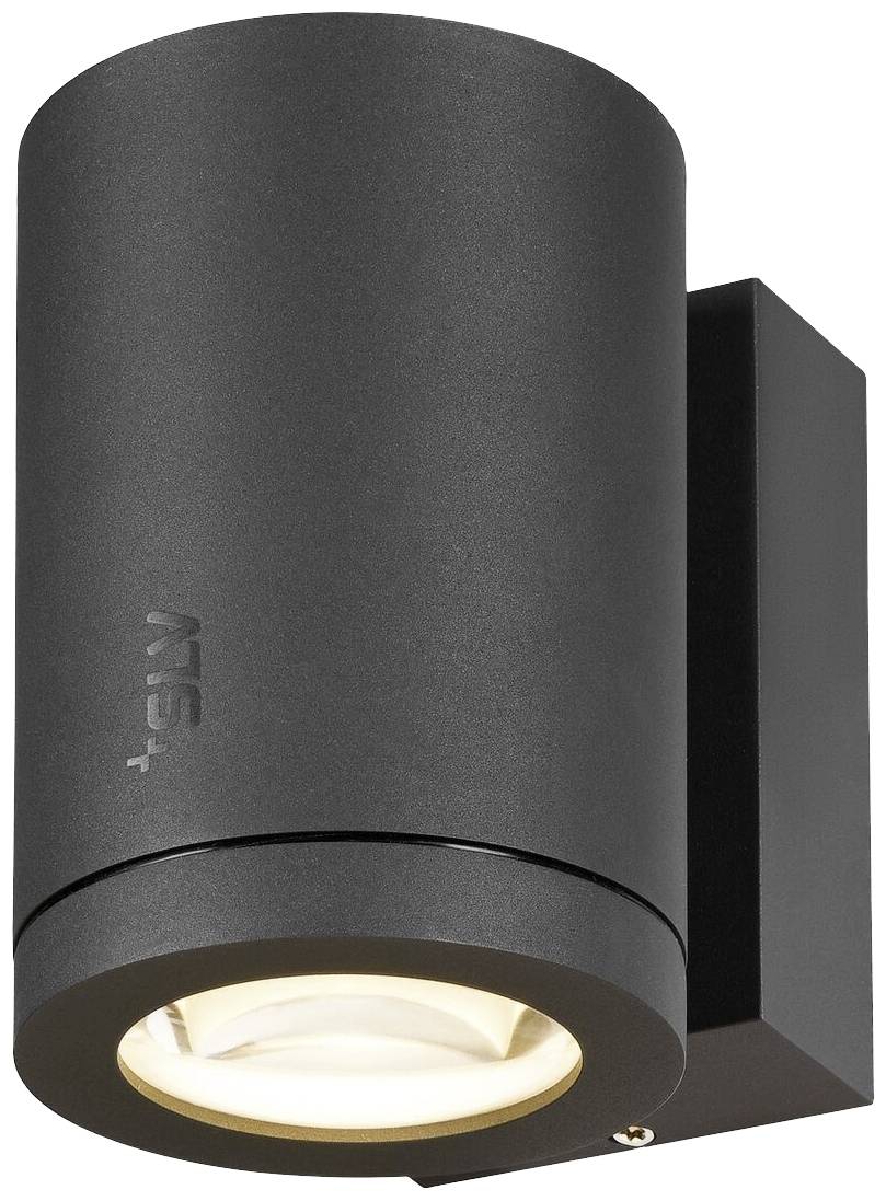 Schwarze zylindrische Außenleuchte, wandmontiert, leuchtet nach unten. Modernes Design, ideal für Haustüren oder Fassaden.