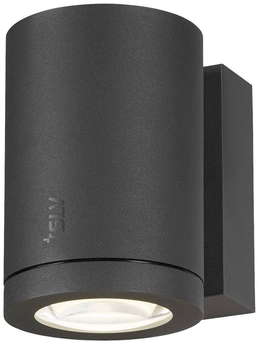 Eine schwarze zylindrische Außenleuchte aus Metall, die nach unten leuchtet. Ideal für moderne Fassadenbeleuchtung.