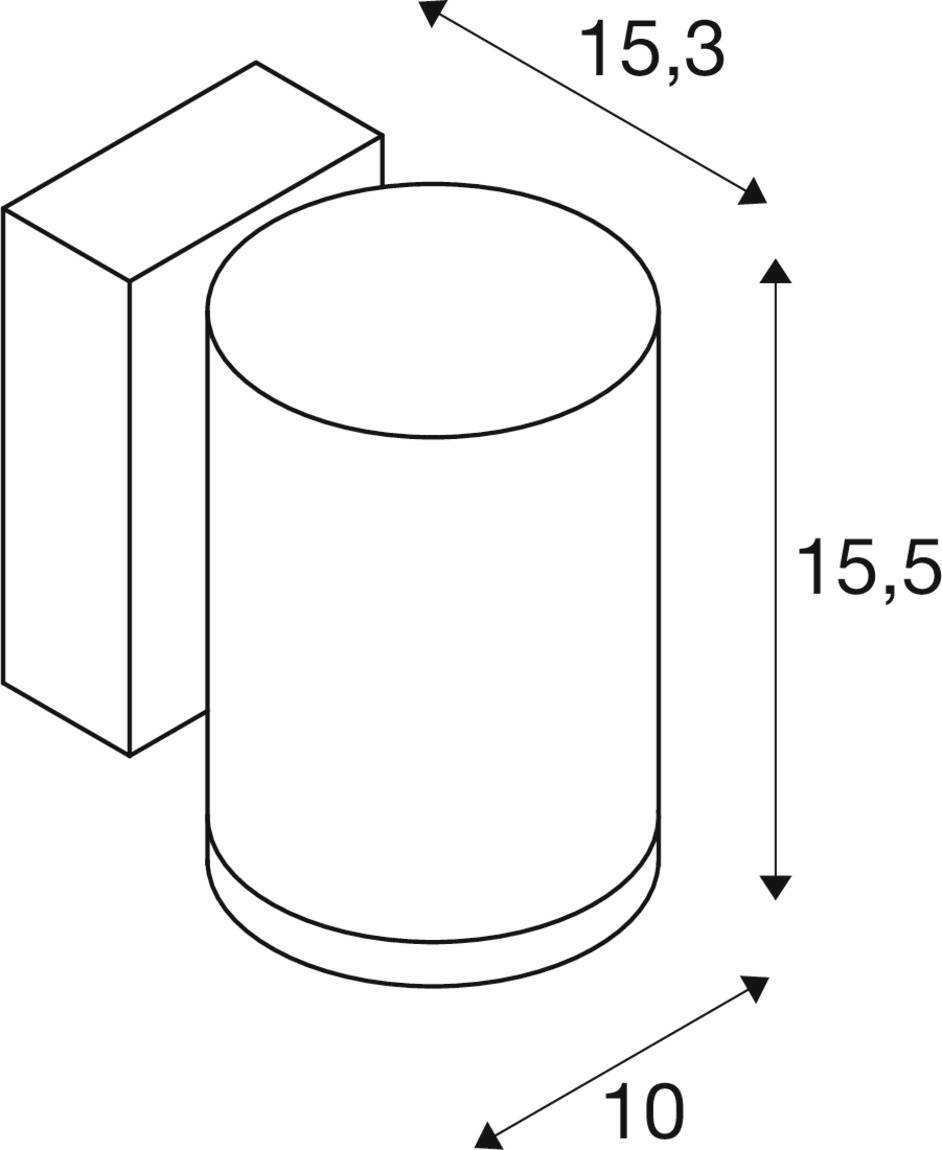Zwei ineinander greifende Formen: ein Quader und ein Zylinder. Maße: Höhe 15,5 cm, Zylinder-Durchmesser 10 cm, Quader-Durchmesser 15,3 cm.