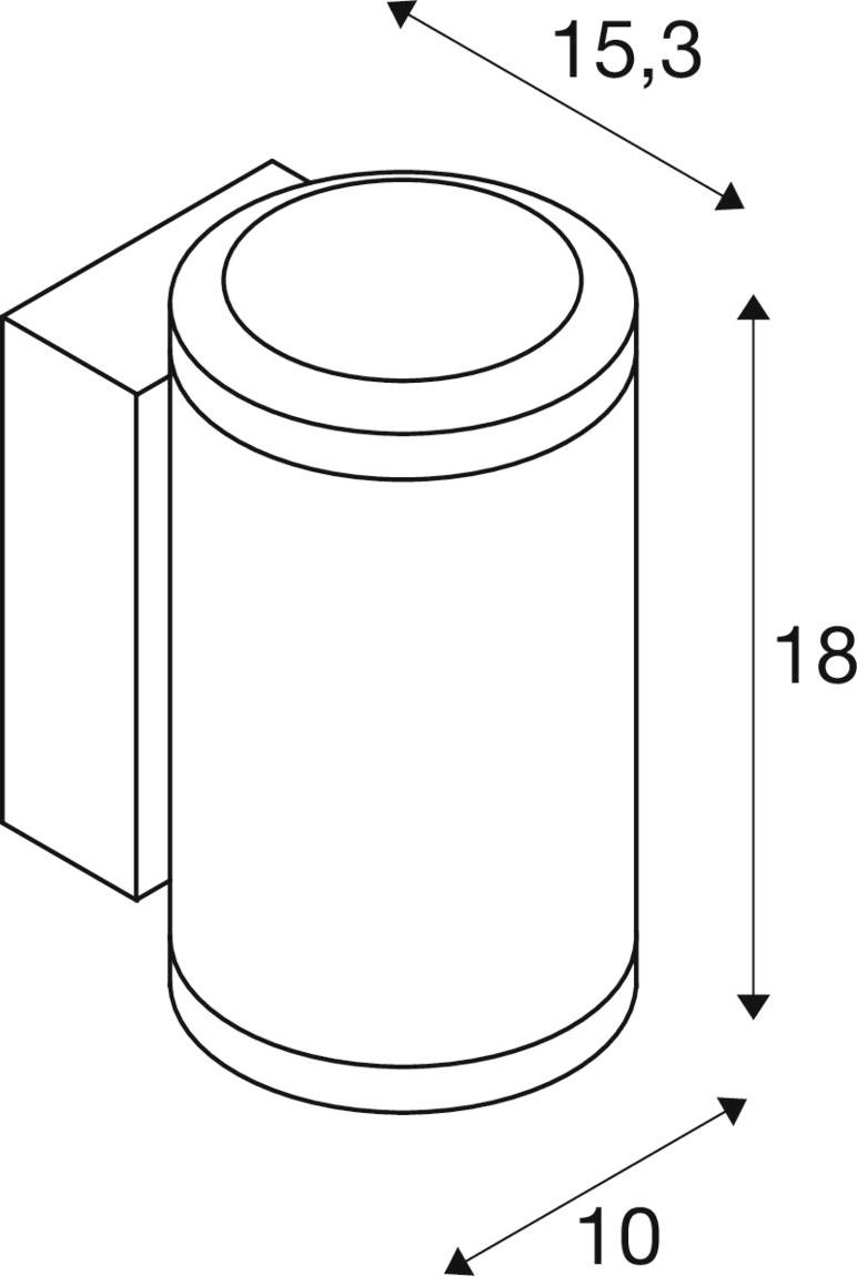 Zylindrische Außenleuchte in technischer Zeichnung dargestellt; Maße: Höhe 18 cm, Breite 10 cm, Tiefe 15,3 cm.