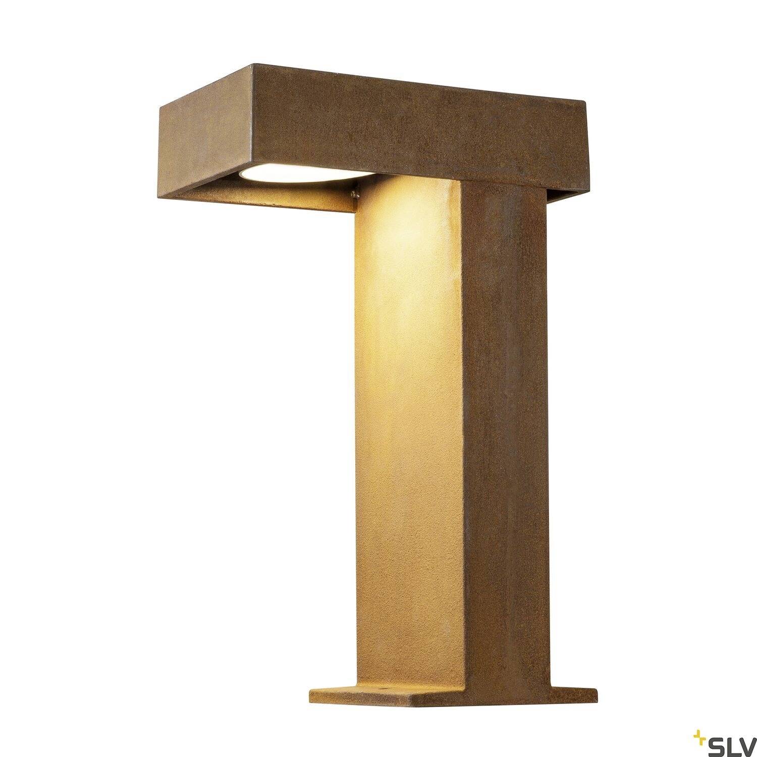Eckige Außenleuchte in moderner C-Form, Bronzeoptik, leuchtet nach unten. Ideal als dekorative Garten- oder Wegbeleuchtung.