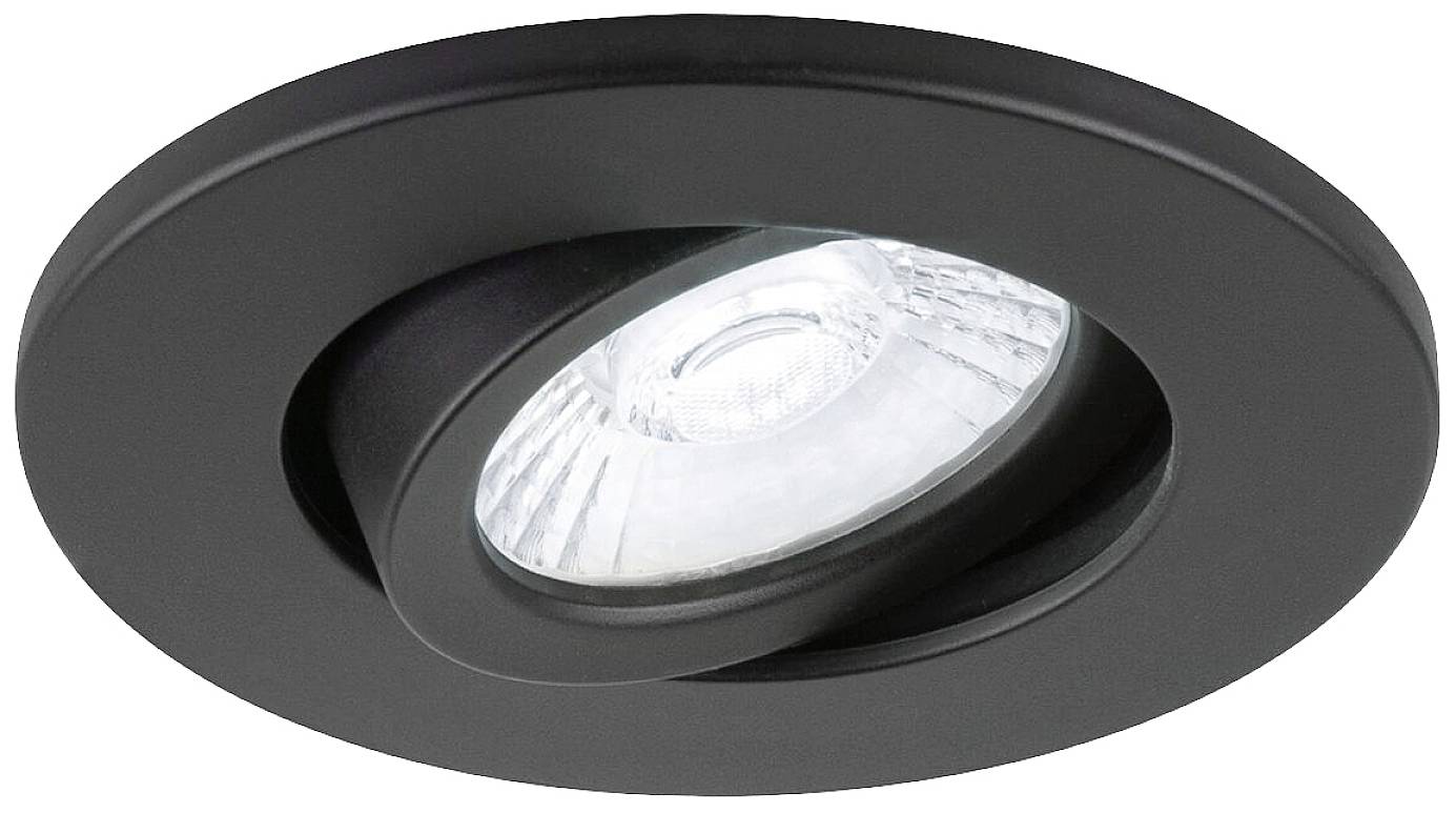Schwarze LED-Deckeneinbauleuchte mit rundem Design und verstellbarem Kopf, strahlt helles, gerichtetes Licht aus.