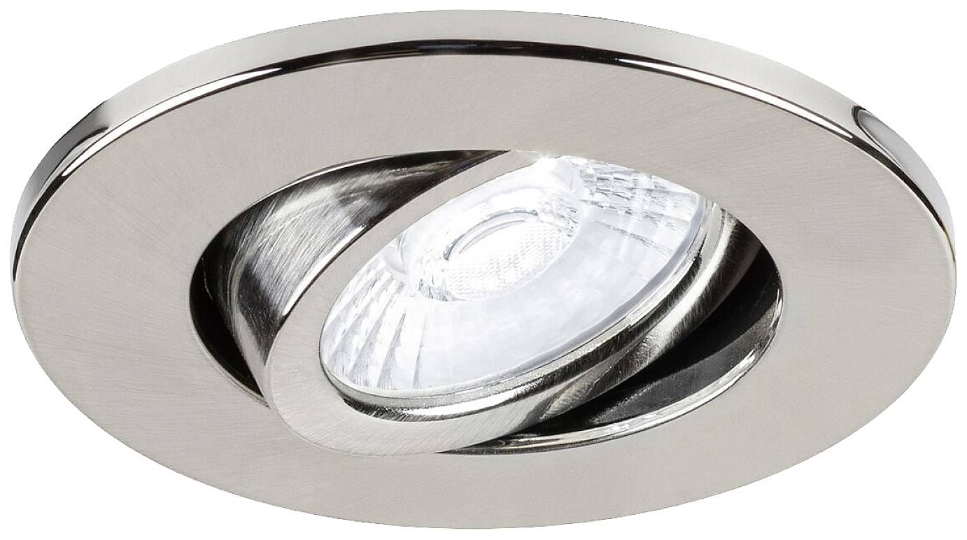 Einbauleuchte aus Edelstahl mit schwenkbarem Design. Enthält eine runde LED-Lampe, geeignet für moderne Wohnräume.