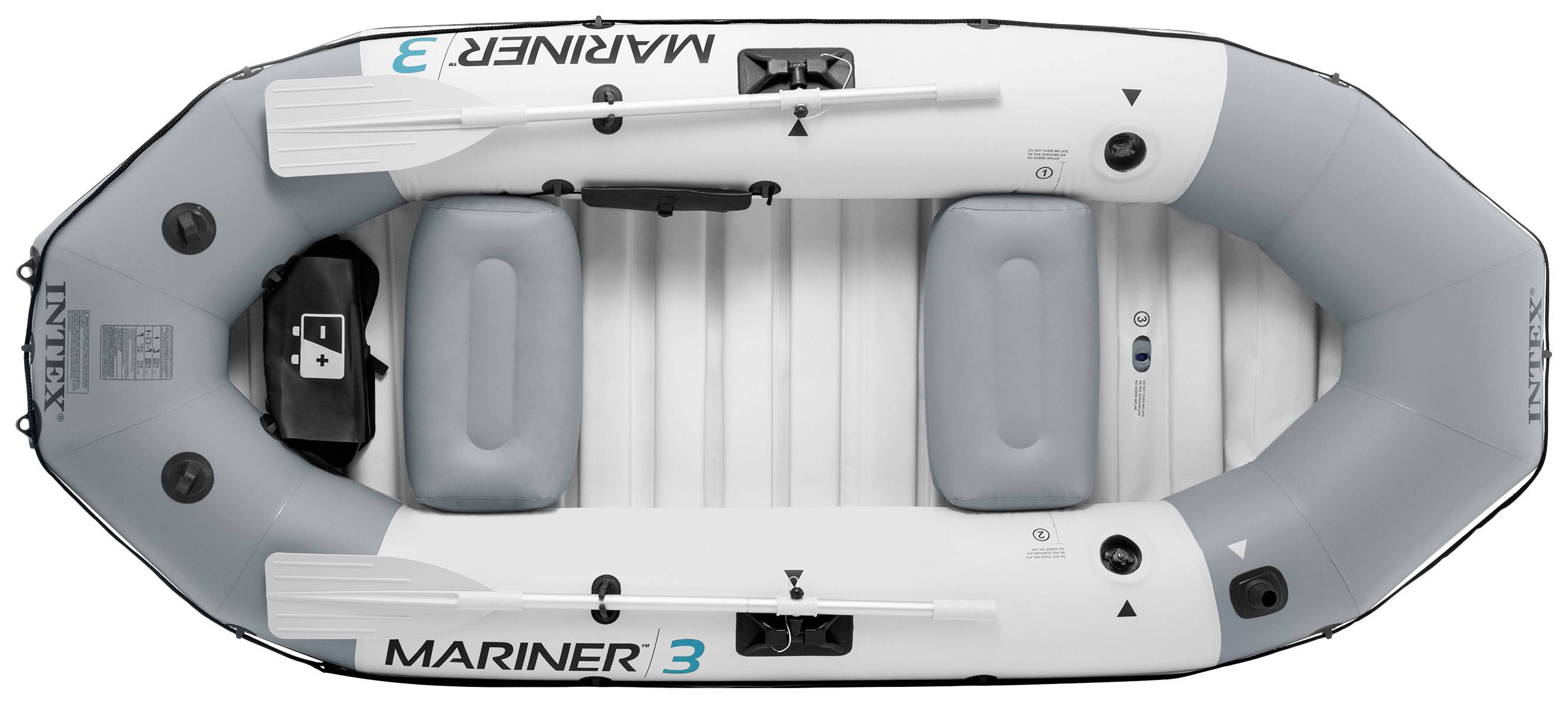 Inflatable Schlauchboot von oben, grau und weiß, mit der Aufschrift 'Mariner 3', zwei Paddel und einem schwarzen Sitz.