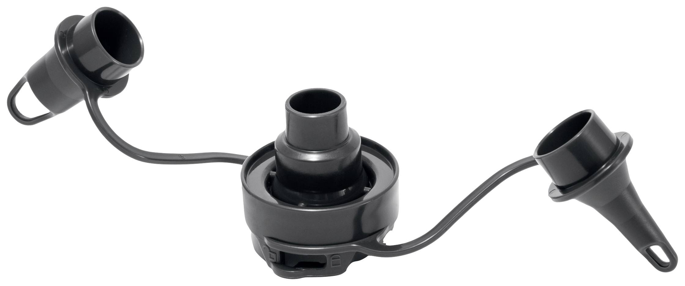 Schwarze Kunststoffpumpe mit zwei verschiedenen Düsenaufsätzen, verbunden durch ein flexibles Rohr; zur Luftinjektion bei aufblasbaren Objekten.