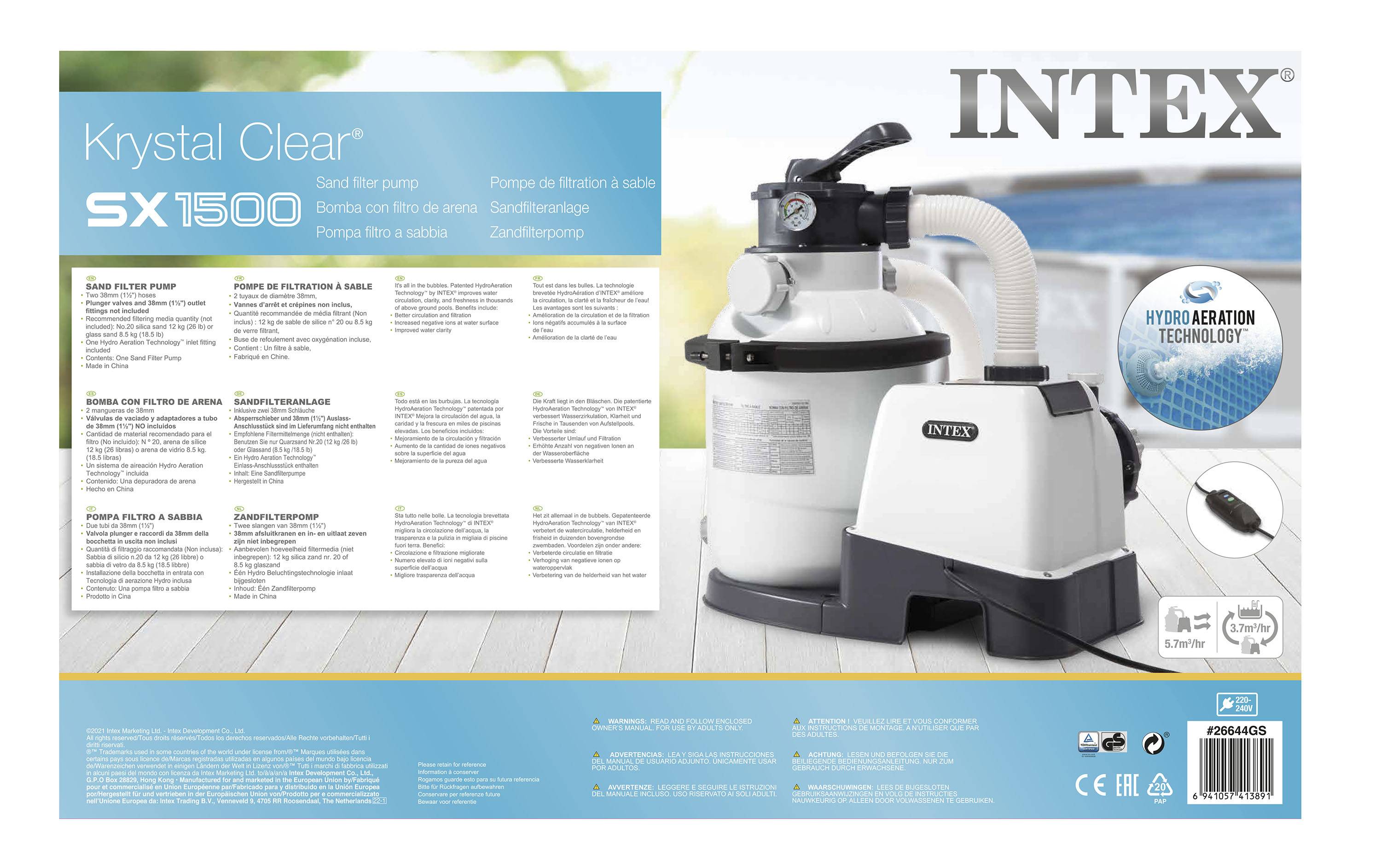 'Intex Krystal Clear SX1500' Sandfilteranlage. Enthält Bedienungsanleitung, Bild des Systems, und zeigt die Technologie der Hydro-Aeration.
