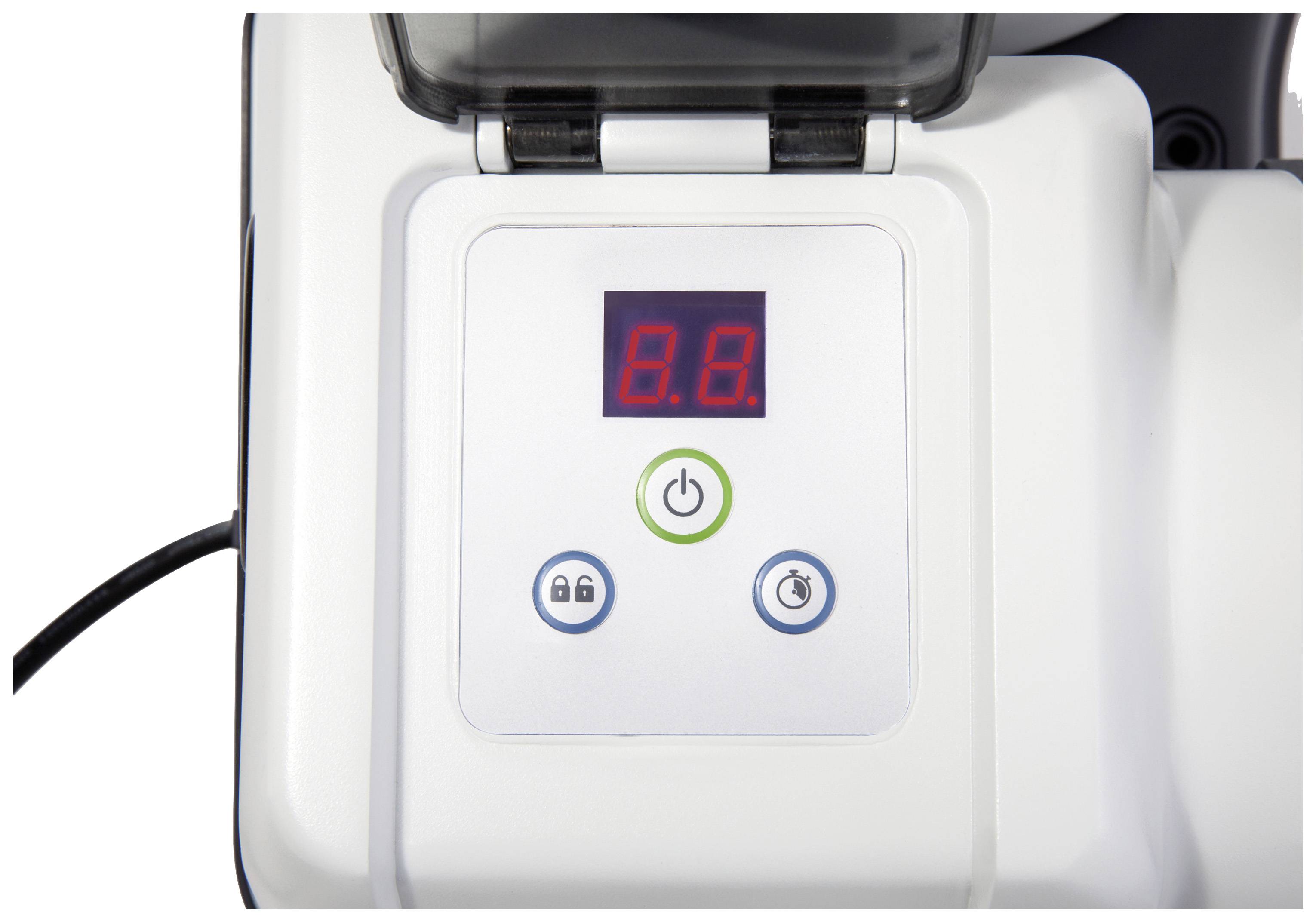 Elektronisches Bedienelement mit digitaler Anzeige '8.8'. Darunter drei Tasten: Sperrsymbol, Einschalter, Uhrzeit-Symbol.
