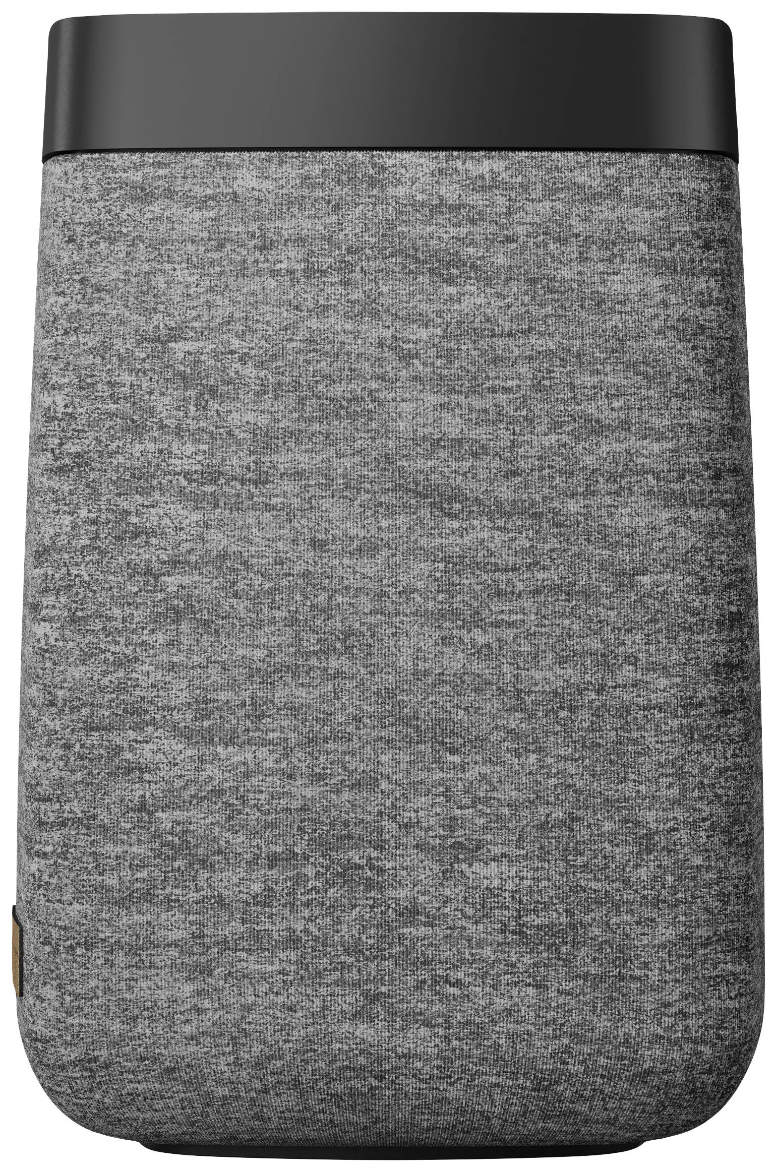 Grauer, zylindrischer Lautsprecher mit schwarzem Rand oben. Der Lautsprecher hat eine stoffähnliche Oberfläche.