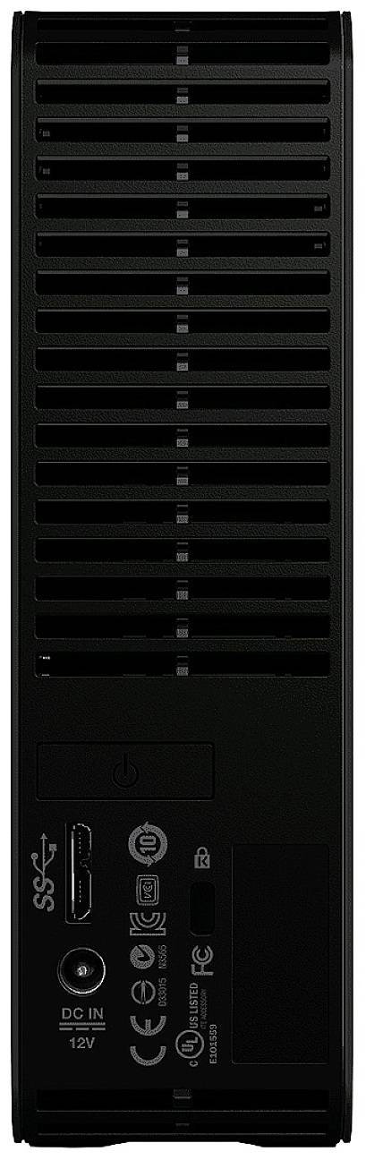 Die Rückseite eines externen Festplattengehäuses mit USB-Anschluss, Netzanschluss und Lüftungsschlitzen. Symbole und technische Details sind sichtbar.