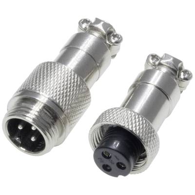 Zwei silberne Metallstecker, einer mit drei Pins, der andere mit drei Buchsen. Beide haben geriffelte Oberflächen für besseren Halt.