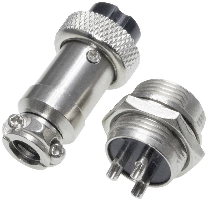 Zwei silberne Metallsteckverbinder, einer mit Gewindekappe, der andere ohne, mit freiliegenden Kontakten.