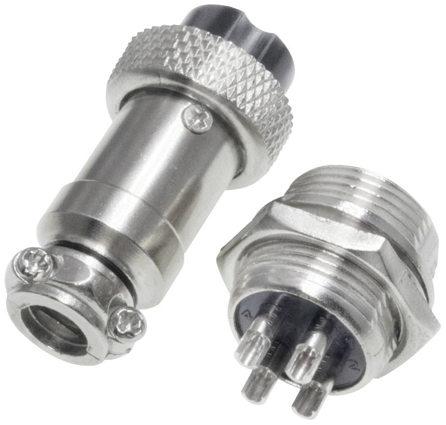 Zwei Metallstecker voneinander getrennt. Einer zeigt vier Stifte, der andere ist ein Hohlstecker. Beide haben ein gerilltes Gehäuse.