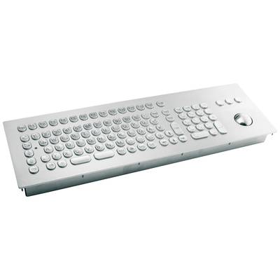 Eine silberne, kompakte Tastatur mit runden Tasten und integriertem Trackball auf der rechten Seite. Geeignet für industrielle Anwendungen.
