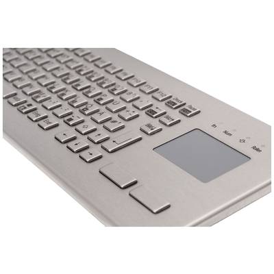 Edelstahl-Tastatur mit integriertem Touchpad, abgeschrägte Kanten und hervorgehobene Beschriftung auf den Tasten, technisches Design.