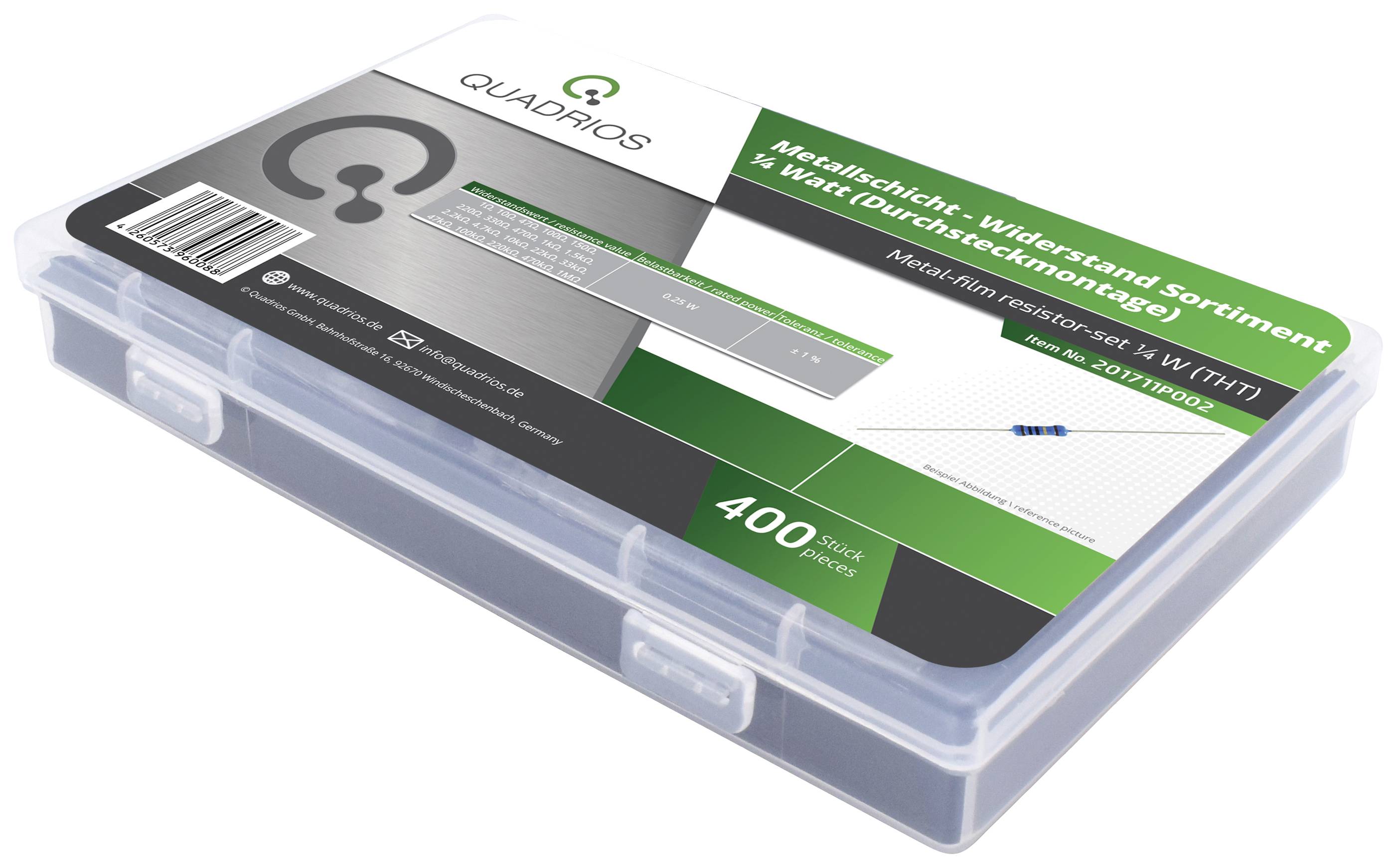 Transparente Kunststoffbox mit der Aufschrift "Metallschicht-Widerstand Sortiment". Enthält 400 Teile in verschiedenen Größen.
